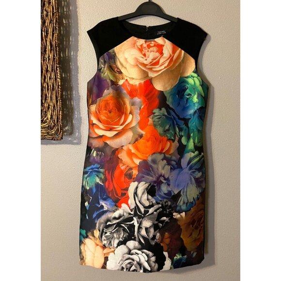 Tahari Dress Orange Red Black 10 Career Church Stretch Sheath Floral Summer - Picture 3 of 5